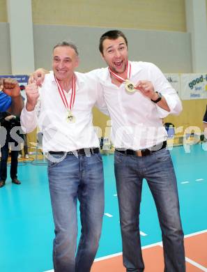 Volleyball Bundesliga. AVL Finalspiel. SK Aich/Dob gegen Hypo Tirol. Jubel Tirol, Stefan Chrtiansky, Gerhard Bader. Bleiburg, 26.4.2014.
Foto: Kuess 
---
pressefotos, pressefotografie, kuess, qs, qspictures, sport, bild, bilder, bilddatenbank