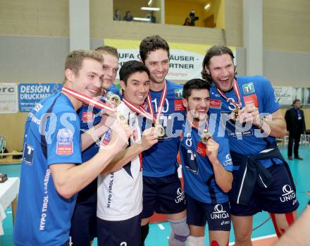 Volleyball Bundesliga. AVL Finalspiel. SK Aich/Dob gegen Hypo Tirol. Jubel Tirol.  Bleiburg, 26.4.2014.
Foto: Kuess 
---
pressefotos, pressefotografie, kuess, qs, qspictures, sport, bild, bilder, bilddatenbank