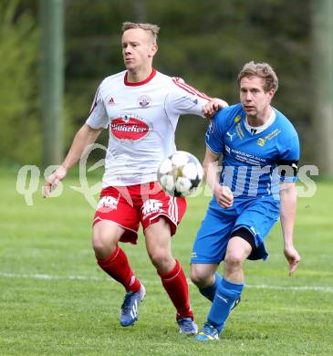 Fussball Unterliga Ost. DSG Sele Zell gegen Ludmannsdorf. Martin Kelih,  (Zell), Michael Augustin Jakopitsch (Ludmannsdorf). Zell, 1.5.2014.
Foto: Kuess
---
pressefotos, pressefotografie, kuess, qs, qspictures, sport, bild, bilder, bilddatenbank