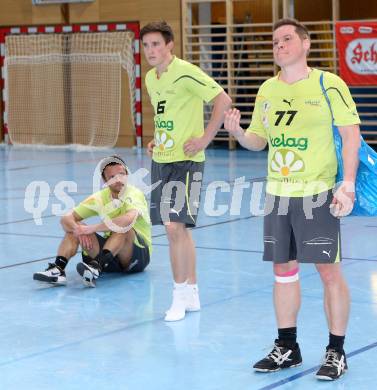 Handball Bundesliga. HC Kaernten gegen Fivers WAT Margareten. Dino Poje, Matthias Kuchling, Florian Pontasch-Mueller (HCK). Viktring, am 4.5.2014.
Foto: Kuess
---
pressefotos, pressefotografie, kuess, qs, qspictures, sport, bild, bilder, bilddatenbank