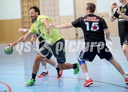 Handball Bundesliga. HC Kaernten gegen Fivers WAT Margareten. Branko Bedekovic,  (HCK), Mathias Nikolic (Margareten). Viktring, am 4.5.2014.
Foto: Kuess
---
pressefotos, pressefotografie, kuess, qs, qspictures, sport, bild, bilder, bilddatenbank