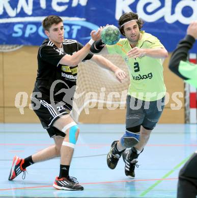 Handball Bundesliga. HC Kaernten gegen Fivers WAT Margareten. Josef Sourek, (HCK),  Markus Bezucha (Margareten). Viktring, am 4.5.2014.
Foto: Kuess
---
pressefotos, pressefotografie, kuess, qs, qspictures, sport, bild, bilder, bilddatenbank