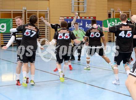 Handball Bundesliga. HC Kaernten gegen Fivers WAT Margareten. Jubel Margareten. Viktring, am 4.5.2014.
Foto: Kuess
---
pressefotos, pressefotografie, kuess, qs, qspictures, sport, bild, bilder, bilddatenbank