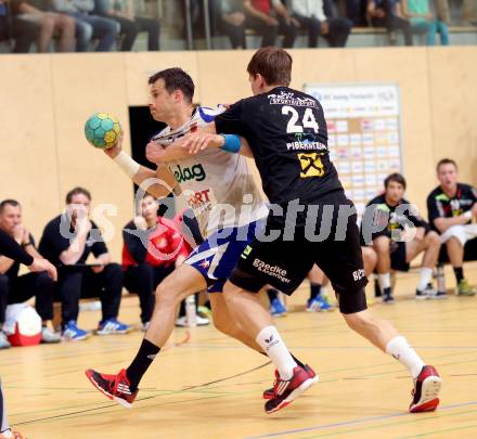 Handball HLA. SC Kelag Ferlach gegen HSG Raiffeisen Baernbach/Koeflach. 
Miro Barisic, (SCF), Daniel Dicker (Baernbach/Koeflach). Ferlach, am 9.5.2014.
Foto: Kuess 
---
pressefotos, pressefotografie, kuess, qs, qspictures, sport, bild, bilder, bilddatenbank