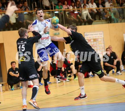 Handball HLA. SC Kelag Ferlach gegen HSG Raiffeisen Baernbach/Koeflach. 
Miro Barisic, (SCF), Otmar Pusterhofer (Baernbach/Koeflach). Ferlach, am 9.5.2014.
Foto: Kuess 
---
pressefotos, pressefotografie, kuess, qs, qspictures, sport, bild, bilder, bilddatenbank