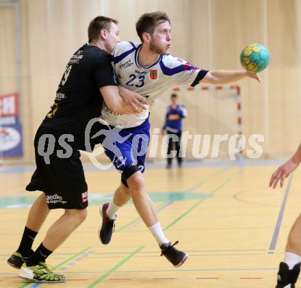 Handball HLA. SC Kelag Ferlach gegen HSG Raiffeisen Baernbach/Koeflach. 
Matevz Cemas, (SCF), Thomas Vodica (Baernbach/Koeflach). Ferlach, am 9.5.2014.
Foto: Kuess 
---
pressefotos, pressefotografie, kuess, qs, qspictures, sport, bild, bilder, bilddatenbank