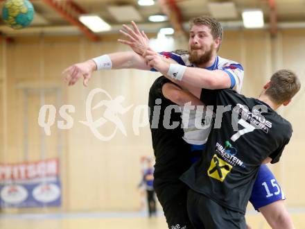 Handball HLA. SC Kelag Ferlach gegen HSG Raiffeisen Baernbach/Koeflach. 
Fabian Posch,  (SCF), Mislav Nenadic (Baernbach/Koeflach). Ferlach, am 9.5.2014.
Foto: Kuess 
---
pressefotos, pressefotografie, kuess, qs, qspictures, sport, bild, bilder, bilddatenbank