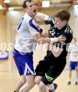 Handball HLA. SC Kelag Ferlach gegen HSG Raiffeisen Baernbach/Koeflach. 
Miro Barisic,  (SCF), Daniel Dicker (Baernbach/Koeflach). Ferlach, am 9.5.2014.
Foto: Kuess 
---
pressefotos, pressefotografie, kuess, qs, qspictures, sport, bild, bilder, bilddatenbank