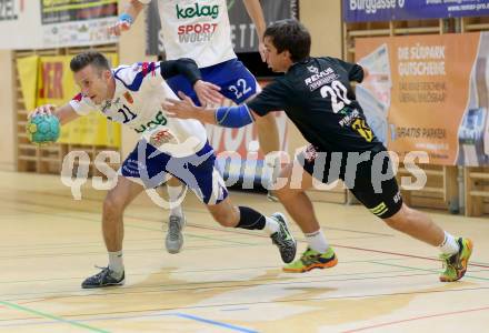 Handball HLA. SC Kelag Ferlach gegen HSG Raiffeisen Baernbach/Koeflach. 
Izudin Mujanovic, (SCF), Thomas Scherr (Baernbach/Koeflach). Ferlach, am 9.5.2014.
Foto: Kuess 
---
pressefotos, pressefotografie, kuess, qs, qspictures, sport, bild, bilder, bilddatenbank