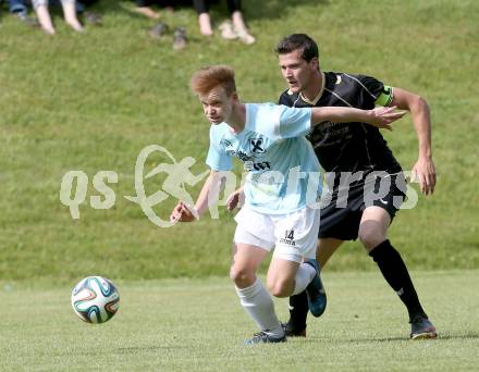 Fussball Kaerntner Liga. Koettmannsdorf gegen St. Veit. Christoph Pibal,  (Koettmannsdorf), Heiko Norbert Springer (St.Veit). Koettmannsdorf, 25.5.2014.
Foto: Kuess
---
pressefotos, pressefotografie, kuess, qs, qspictures, sport, bild, bilder, bilddatenbank