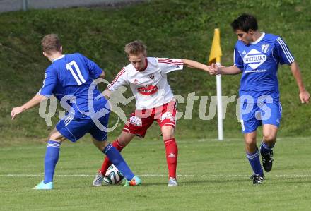 Fussball Unterliga Ost. Ludmannsdorf gegen Glanegg. Julian Hobel(Ludmannsdorf), Andreas Warmuth, Jean Noel Scheriau (Glanegg). Ludmannsdorf, am 29.5.2014.
Foto: Kuess
---
pressefotos, pressefotografie, kuess, qs, qspictures, sport, bild, bilder, bilddatenbank