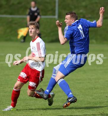 Fussball Unterliga Ost. Ludmannsdorf gegen Glanegg. Michael Krainer(Ludmannsdorf), Andreas Warmuth (Glanegg). Ludmannsdorf, am 29.5.2014.
Foto: Kuess
---
pressefotos, pressefotografie, kuess, qs, qspictures, sport, bild, bilder, bilddatenbank