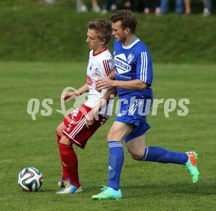 Fussball Unterliga Ost. Ludmannsdorf gegen Glanegg. Julian Hobel(Ludmannsdorf), Andreas Warmuth (Glanegg). Ludmannsdorf, am 29.5.2014.
Foto: Kuess
---
pressefotos, pressefotografie, kuess, qs, qspictures, sport, bild, bilder, bilddatenbank