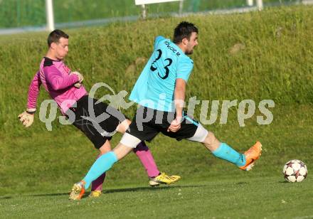 Fussball. 2. Klasse B. Drautal 1b gegen St. Egyden. Marko Kovacic, (Drautal),  Martin Koller  (St. Egyden). Feistritz/Drau, am 6.6.2014.
Foto: Kuess
---
pressefotos, pressefotografie, kuess, qs, qspictures, sport, bild, bilder, bilddatenbank