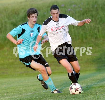 Fussball. 2. Klasse B. Drautal 1b gegen St. Egyden. Michael Johannes Steiner,  (Drautal), Manuel Voraberger (St. Egyden). Feistritz/Drau, am 6.6.2014.
Foto: Kuess
---
pressefotos, pressefotografie, kuess, qs, qspictures, sport, bild, bilder, bilddatenbank