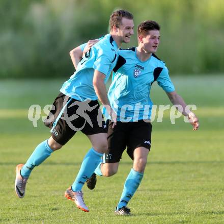 Fussball. 2. Klasse B. Drautal 1b gegen St. Egyden.  Torjubel Anton Burusic, Sandro Ortner (Drautal). Feistritz/Drau, am 6.6.2014.
Foto: Kuess
---
pressefotos, pressefotografie, kuess, qs, qspictures, sport, bild, bilder, bilddatenbank