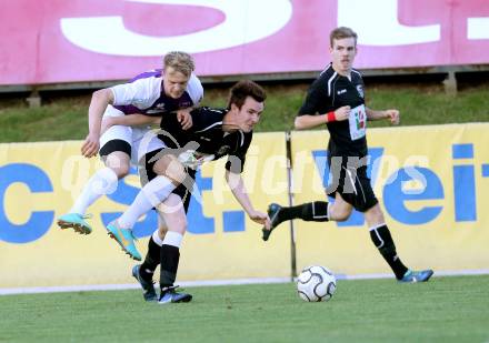 Fussball Nachwuchs. Kaerntner Meisterschaft. Finale U18. SK Austria Klagenfurt gegen RZ Pellets WAC. Nikolai Kremer, (Austria Klagenfurt), Manuel Konegger  (WAC). St. Veit, am 21.6.2014.
Foto: Kuess
---
pressefotos, pressefotografie, kuess, qs, qspictures, sport, bild, bilder, bilddatenbank