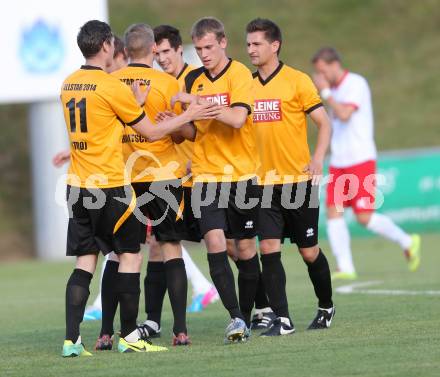 Kaerntner Fussball All-Star-Games. Regionalliga/Liga West gegen Ost.  Torjubel West. St. Veit, 21.6.2014.
Foto: Kuess
---
pressefotos, pressefotografie, kuess, qs, qspictures, sport, bild, bilder, bilddatenbank