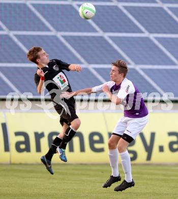 Fussball Nachwuchs. Kaerntner Meisterschaft. Finale U18. SK Austria Klagenfurt gegen RZ Pellets WAC. Philipp Duller,  (Austria Klagenfurt), Meriton Kabashaj (WAC). St. Veit, am 21.6.2014.
Foto: Kuess
---
pressefotos, pressefotografie, kuess, qs, qspictures, sport, bild, bilder, bilddatenbank