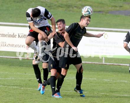 Fussball Kaerntner Liga. Koettmannsdorf gegen SV Spittal. Daniel Globotschnig, Christian Hutter,  (Koettmannsdorf), Matic Sever (Spittal). Koettmannsdorf, am 27.7.2014.
Foto: Kuess
---
pressefotos, pressefotografie, kuess, qs, qspictures, sport, bild, bilder, bilddatenbank