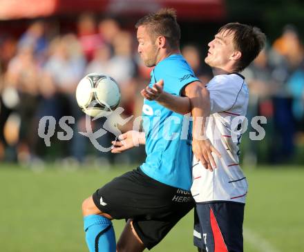 Fussball. Unterliga Ost. SG Magdalensberg/Eberndorfer AC gegen SPG FC Poggersdorf KM. Kai Schoppitsch, (Magdalensberg), Gerhard Krumpl  (Poggersdorf). Pischeldorf, am 26.7.2014.
Foto: Kuess
---
pressefotos, pressefotografie, kuess, qs, qspictures, sport, bild, bilder, bilddatenbank