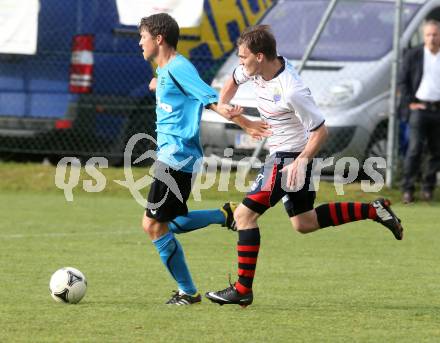 Fussball. Unterliga Ost. SG Magdalensberg/Eberndorfer AC gegen SPG FC Poggersdorf KM. Manuel Jedlautschnig, (Magdalensberg), Gerhard Krumpl  (Poggersdorf). Pischeldorf, am 26.7.2014.
Foto: Kuess
---
pressefotos, pressefotografie, kuess, qs, qspictures, sport, bild, bilder, bilddatenbank