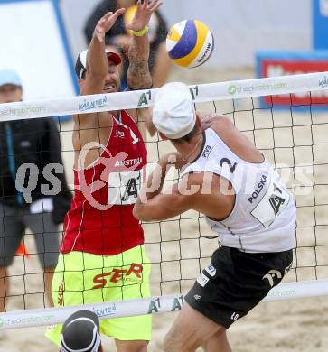 Beachvolleyball Grand Slam.   Clemens Doppler AUT), Bartosz Losiak (POL). Klagenfurt, 31.7.2014.
Foto: Kuess

---
pressefotos, pressefotografie, kuess, qs, qspictures, sport, bild, bilder, bilddatenbank