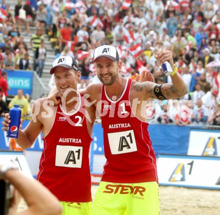 Beachvolleyball Grand Slam.   Jubel Alexander Horst, Clemens Doppler (AUT). Klagenfurt, 31.7.2014.
Foto: Kuess

---
pressefotos, pressefotografie, kuess, qs, qspictures, sport, bild, bilder, bilddatenbank