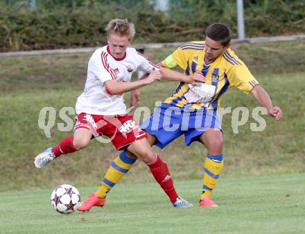 Fussball Unterliga Ost. Ludmannsdorf gegen Liebenfels. Julian Hobel,  (Ludmannsdorf), Simon Kienberger (Liebenfels). Ludmannsdorf, 3.8.2014.
Foto: Kuess
---
pressefotos, pressefotografie, kuess, qs, qspictures, sport, bild, bilder, bilddatenbank