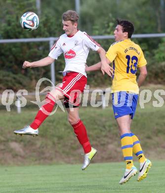 Fussball Unterliga Ost. Ludmannsdorf gegen Liebenfels. Michael Krainer, (Ludmannsdorf), Christoph Freithofnig  (Liebenfels). Ludmannsdorf, 3.8.2014.
Foto: Kuess
---
pressefotos, pressefotografie, kuess, qs, qspictures, sport, bild, bilder, bilddatenbank