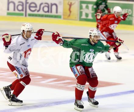 EBEL. Training KAC. Thomas Hundertpfund, Jean-Francois Jacques. KLagenfurt, am 4.8.2014.
Foto: Kuess
---
pressefotos, pressefotografie, kuess, qs, qspictures, sport, bild, bilder, bilddatenbank