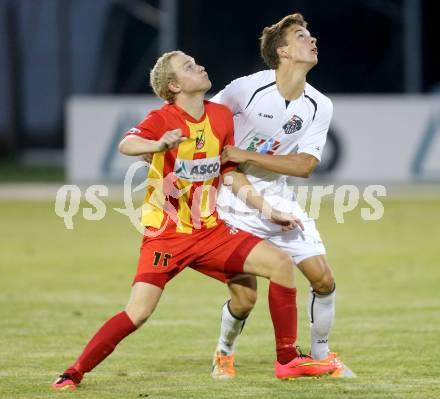 Fussball Regionalliga. ATSV Wolfsberg gegen WAC Amateure. Marcel Stoni,  (ATSV), Maximilian Ritscher (WAC Amateure). Wolfsberg, 8.8.2014.
Foto: Kuess
---
pressefotos, pressefotografie, kuess, qs, qspictures, sport, bild, bilder, bilddatenbank