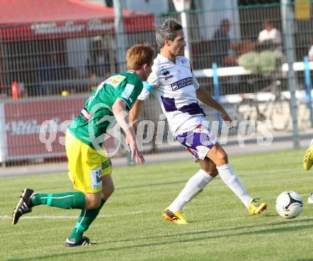 Fussball. Regionalliga. SAK gegen Voecklamarkt. Thomas Riedl  (SAK), Stefan Kirnbauer (Voecklamarkt).
Klagenfurt, 8.8.2014.
Foto: Kuess
---
pressefotos, pressefotografie, kuess, qs, qspictures, sport, bild, bilder, bilddatenbank