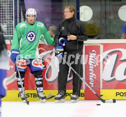 EBEL Eishockey Bundesliga. Training VSV.  Nico Brunner, Trainer Hannu Jaervenpaeae. Villach, am 8.8.2014.
Foto: Kuess
---
pressefotos, pressefotografie, kuess, qs, qspictures, sport, bild, bilder, bilddatenbank