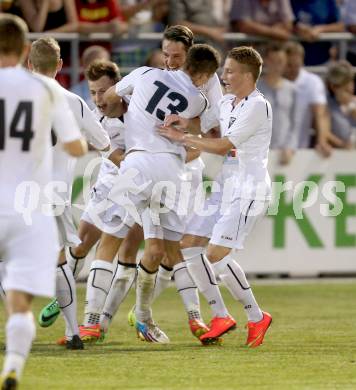 Fussball Regionalliga. ATSV Wolfsberg gegen WAC Amateure. Torjubel Patrick Pfennich, Bastian Rupp (WAC Amateure). Wolfsberg, 8.8.2014.
Foto: Kuess
---
pressefotos, pressefotografie, kuess, qs, qspictures, sport, bild, bilder, bilddatenbank