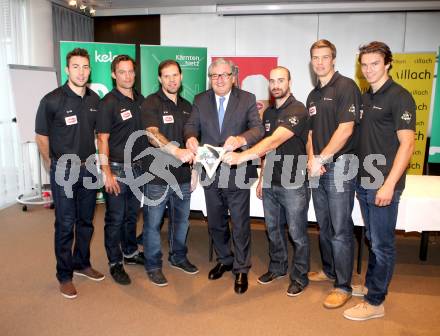 EBEL. Eishockey Bundesliga. Pressekonferenz VSV.  Marc Santorelli,  John Lammers, Francois Fortier, Buergermeister Helmut Manzenreiter, Sean Ringrose, Geoff Waugh, Philip Siutz. Villach, am 13.8.2014.
Foto: Kuess
---
pressefotos, pressefotografie, kuess, qs, qspictures, sport, bild, bilder, bilddatenbank