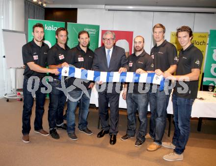 EBEL. Eishockey Bundesliga. Pressekonferenz VSV.  Marc Santorelli,  John Lammers, Francois Fortier, Buergermeister Helmut Manzenreiter, Sean Ringrose, Geoff Waugh, Philip Siutz. Villach, am 13.8.2014.
Foto: Kuess
---
pressefotos, pressefotografie, kuess, qs, qspictures, sport, bild, bilder, bilddatenbank