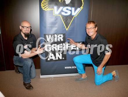 EBEL. Eishockey Bundesliga. Pressekonferenz VSV.  Markus Peintner, Hannu Jaervenpaeae. Villach, am 13.8.2014.
Foto: Kuess
---
pressefotos, pressefotografie, kuess, qs, qspictures, sport, bild, bilder, bilddatenbank