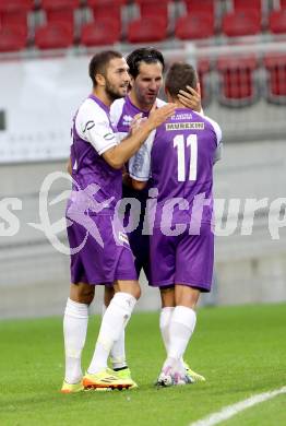 Fussball Regionalliga. Austria Klagenfurt gegen ATSV Wolfsberg. Torjubel Sandro Zakany, Vedran Vinko, Ali Hamdemir (Austria Klagenfurt). Wolfsberg, 8.8.2014.
Foto: Kuess
---
pressefotos, pressefotografie, kuess, qs, qspictures, sport, bild, bilder, bilddatenbank