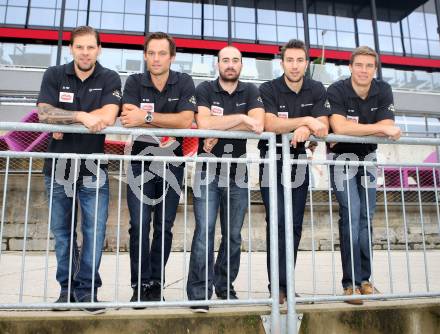 EBEL. Eishockey Bundesliga. Pressekonferenz VSV.  Francois Fortier, John Lammers, Sean Ringrose, Marc Santorelli, Geoff Waugh. Villach, am 13.8.2014.
Foto: Kuess
---
pressefotos, pressefotografie, kuess, qs, qspictures, sport, bild, bilder, bilddatenbank