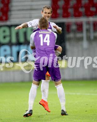 Fussball Regionalliga. Austria Klagenfurt gegen ATSV Wolfsberg. torjubel  Armend Spreco, Rajko Rep (Austria Klagenfurt). Wolfsberg, 8.8.2014.
Foto: Kuess
---
pressefotos, pressefotografie, kuess, qs, qspictures, sport, bild, bilder, bilddatenbank