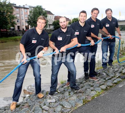 EBEL. Eishockey Bundesliga. Pressekonferenz VSV.  Geoff Waugh, Sean Ringrose, Marc Santorelli,  John Lammers, Francois Fortier . Villach, am 13.8.2014.
Foto: Kuess
---
pressefotos, pressefotografie, kuess, qs, qspictures, sport, bild, bilder, bilddatenbank