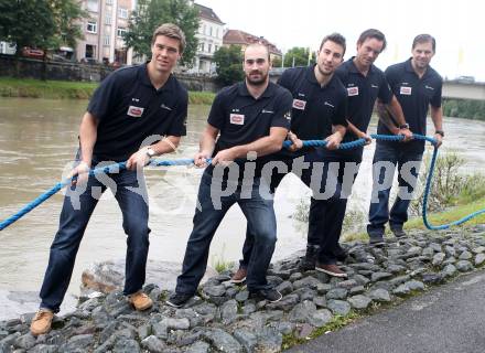 EBEL. Eishockey Bundesliga. Pressekonferenz VSV.  Geoff Waugh, Sean Ringrose, Marc Santorelli,  John Lammers, Francois Fortier . Villach, am 13.8.2014.
Foto: Kuess
---
pressefotos, pressefotografie, kuess, qs, qspictures, sport, bild, bilder, bilddatenbank