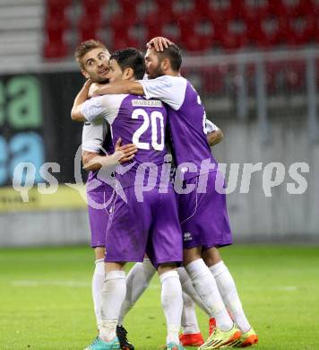 Fussball Regionalliga. Austria Klagenfurt gegen ATSV Wolfsberg. torjubel  Armend Spreco, Mirnes Becirovic, Ali Hamdemir (Austria Klagenfurt). Wolfsberg, 8.8.2014.
Foto: Kuess
---
pressefotos, pressefotografie, kuess, qs, qspictures, sport, bild, bilder, bilddatenbank