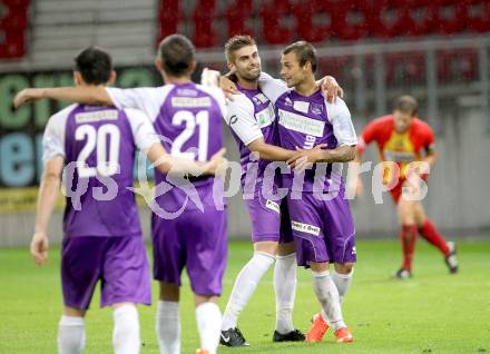 Fussball Regionalliga. Austria Klagenfurt gegen ATSV Wolfsberg. torjubel  Armend Spreco, Rajko Rep (Austria Klagenfurt). Wolfsberg, 8.8.2014.
Foto: Kuess
---
pressefotos, pressefotografie, kuess, qs, qspictures, sport, bild, bilder, bilddatenbank