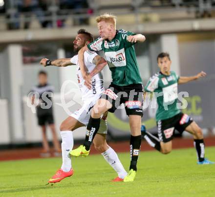 Fussball Bundesliga. RZ Pellets WAC gegen SV Josko Ried. Attila Simon,  (WAC), Thomas Reifeltshammer (SV Josko Ried). Wolfsberg, am 16.8.2014.
Foto: Kuess

---
pressefotos, pressefotografie, kuess, qs, qspictures, sport, bild, bilder, bilddatenbank