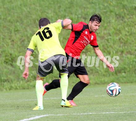 Fussball. Kaerntner Liga. Maria Saal gegen Koettmannsdorf. Zsolt Vari (Maria Saal), Manuel Alexander Schuettelkopf (Koettmannsdorf). Maria Saal, 16.8.2014.
Foto: Kuess
---
pressefotos, pressefotografie, kuess, qs, qspictures, sport, bild, bilder, bilddatenbank