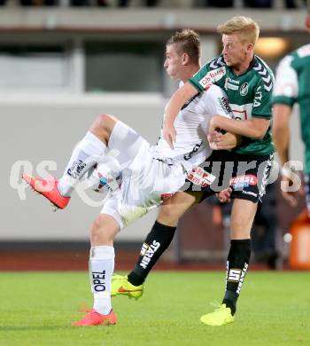 Fussball Bundesliga. RZ Pellets WAC gegen SV Josko Ried. Tadej Trdina,  (WAC), Thomas Reifeltshammer (SV Josko Ried). Wolfsberg, am 16.8.2014.
Foto: Kuess

---
pressefotos, pressefotografie, kuess, qs, qspictures, sport, bild, bilder, bilddatenbank