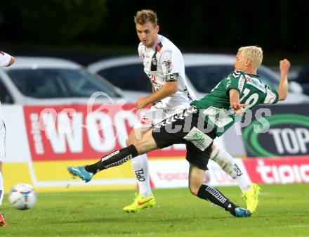 Fussball Bundesliga. RZ Pellets WAC gegen SV Josko Ried. Michael Sollbauer, (WAC), Thomas Froeschl (SV Josko Ried). Wolfsberg, am 16.8.2014.
Foto: Kuess

---
pressefotos, pressefotografie, kuess, qs, qspictures, sport, bild, bilder, bilddatenbank