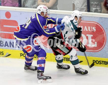 Eishockey. EC VSV gegen Starbulls Rosenheim. Geoff Waugh,  (VSV), Andrej Strakhov (Starbulls Rosenheim). Villach, am 17.8.2014.
Foto: Kuess 


---
pressefotos, pressefotografie, kuess, qs, qspictures, sport, bild, bilder, bilddatenbank